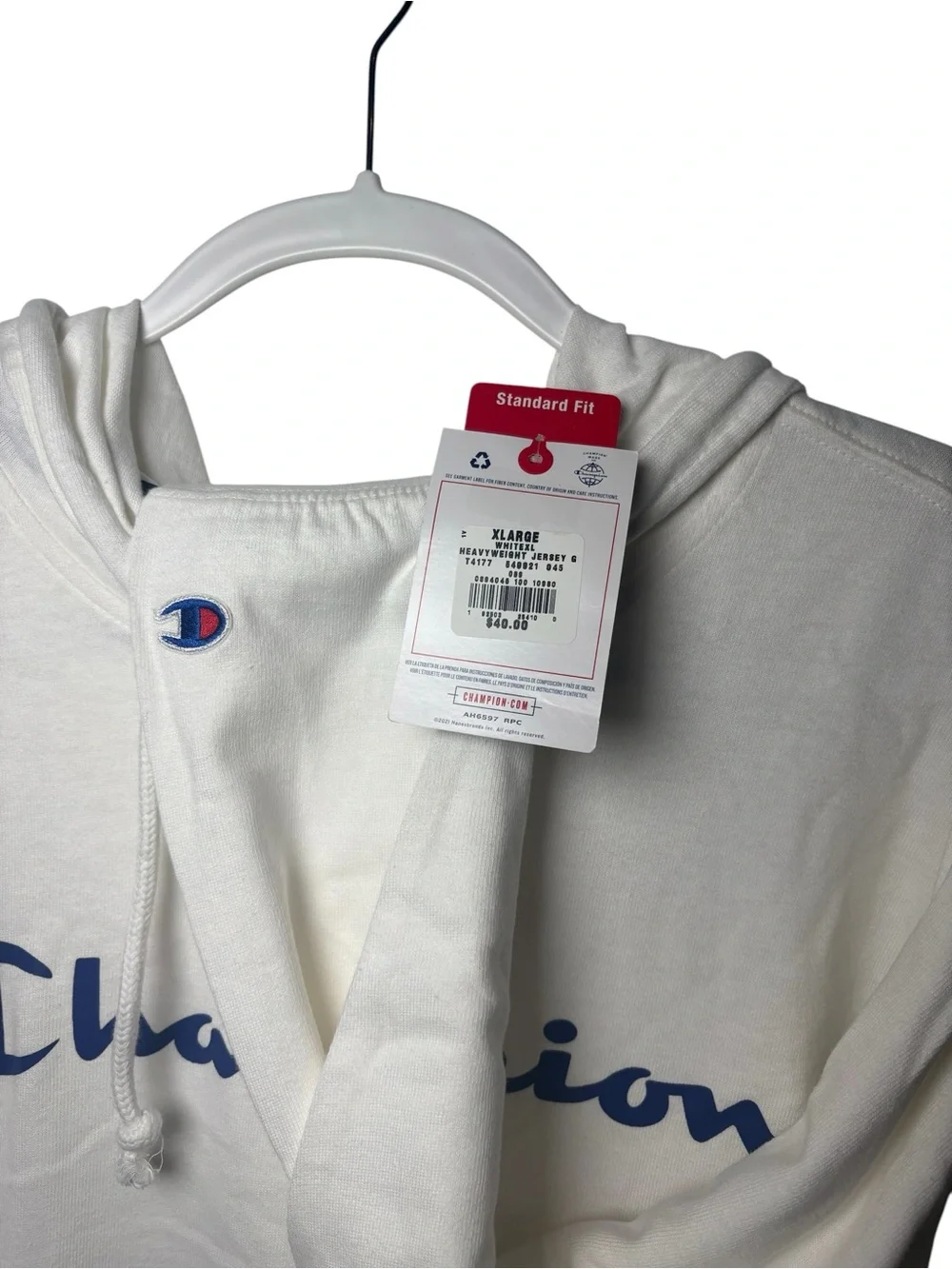 Champion Hoodie XL White Navy Logo Pullover Sweatshirt NWT Standard Fit
